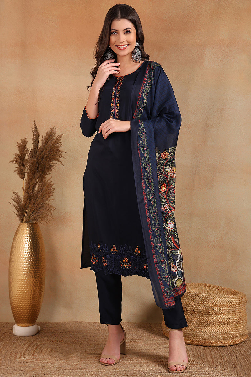 Navy Blue Silk Blend Floral Straight Suit Set VKSKD1934