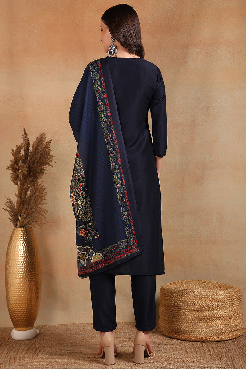 Navy Blue Silk Blend Floral Straight Suit Set VKSKD1934