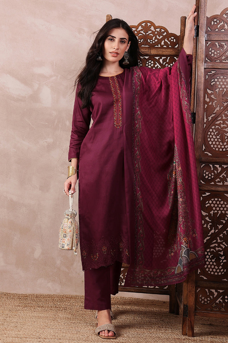 Maroon Silk Blend Solid Embroidered Straight Regular Suit Set VKSKD1938