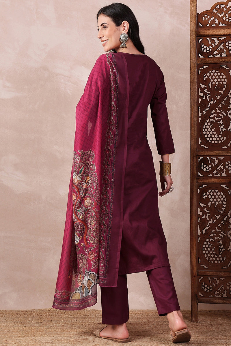 Maroon Silk Blend Solid Embroidered Straight Regular Suit Set VKSKD1938