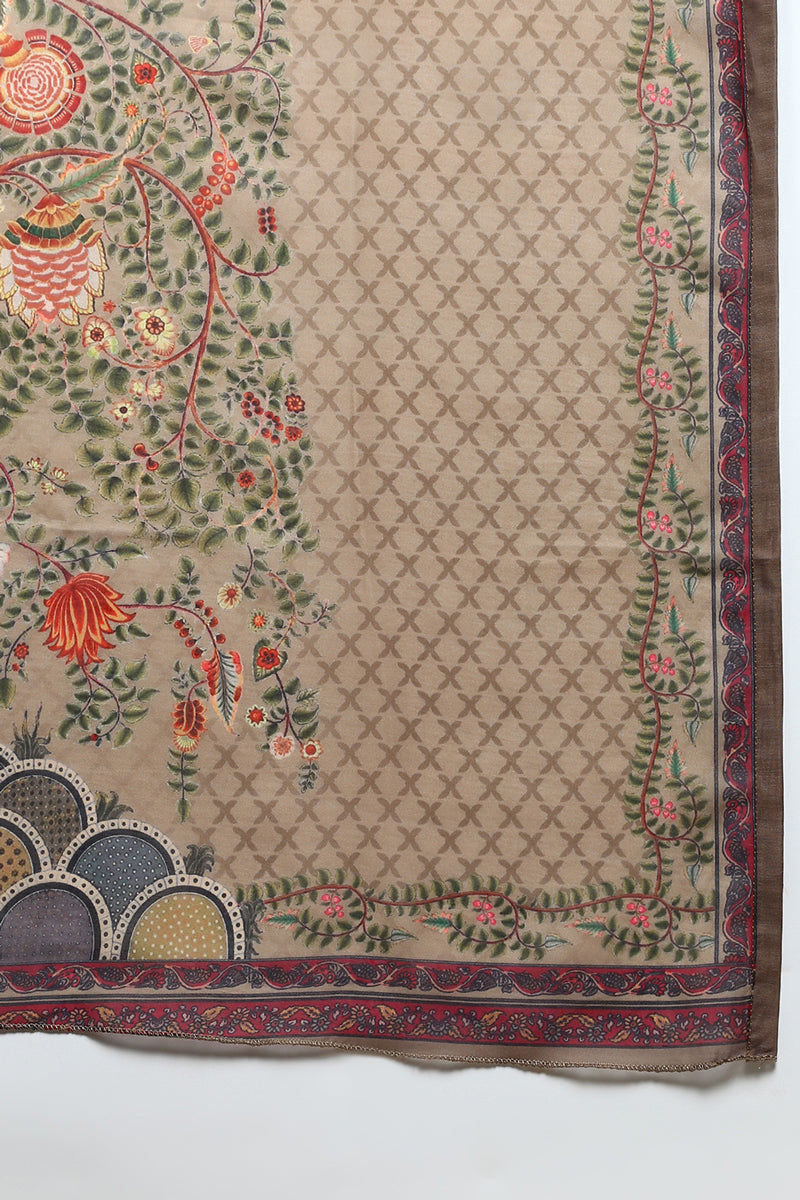 Cotton Khaki Embroidered Straight Kurta Pant With Dupatta VKSKD1939