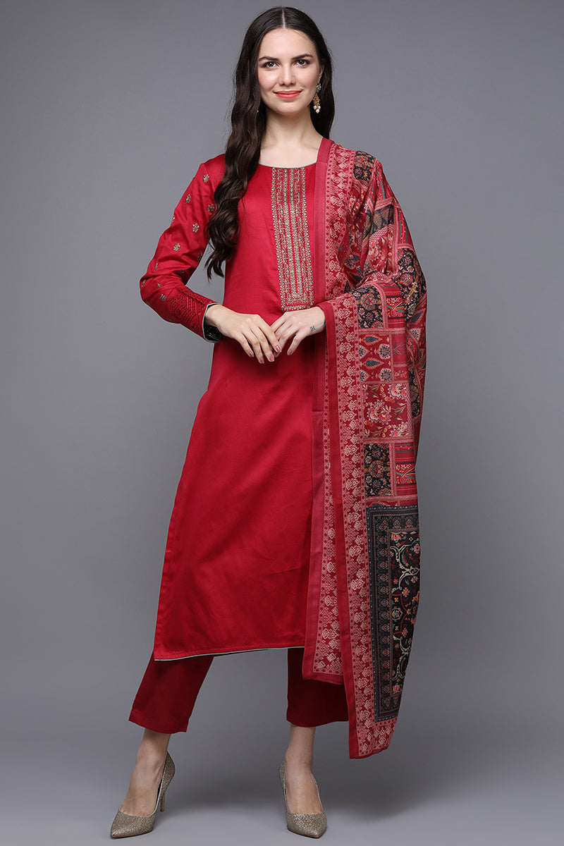 Red Pure Cotton Ethnic Motifs Straight Suit Set VKSKD1950