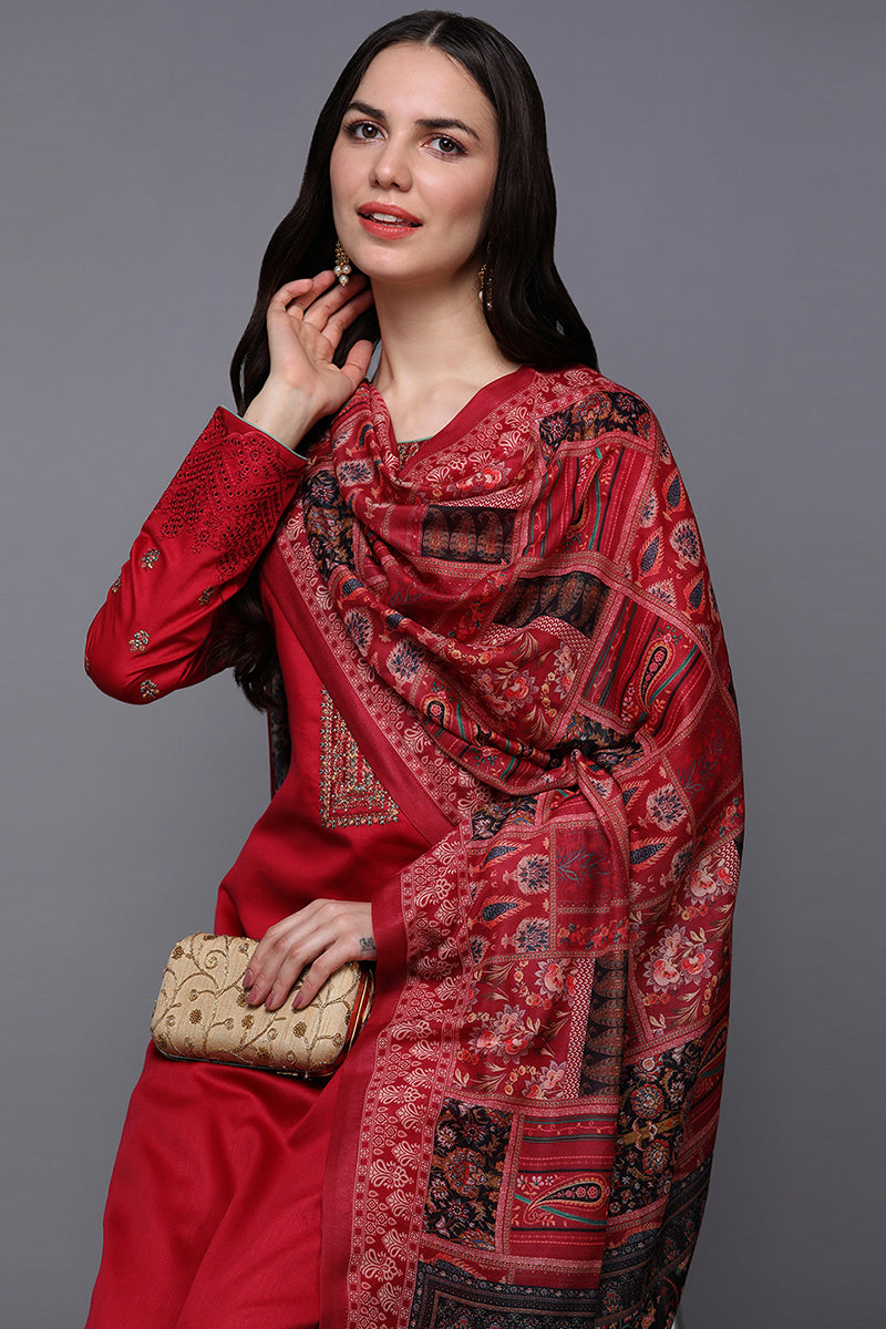 Red Pure Cotton Ethnic Motifs Straight Suit Set VKSKD1950