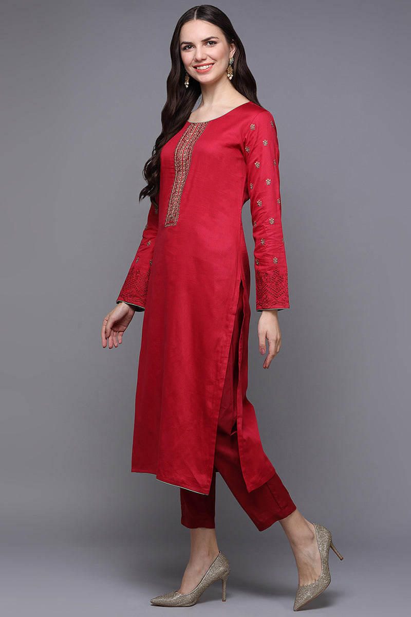 Red Pure Cotton Ethnic Motifs Straight Suit Set VKSKD1950