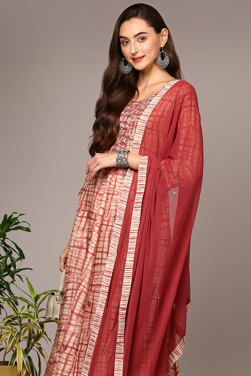 Red Silk Blend Abstract Printed Flared Suit Set VKSKD1959