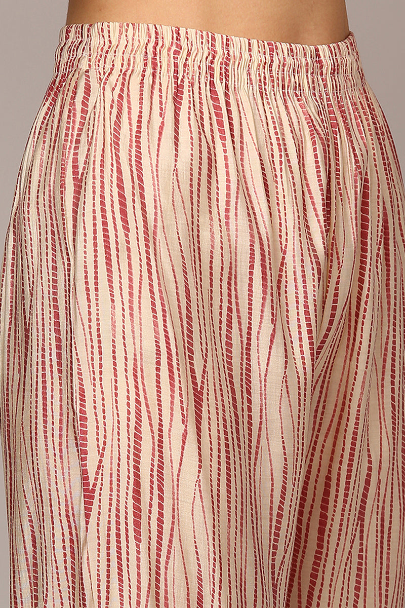Beige Silk Blend Abstract Printed Flared Suit Set VKSKD1959