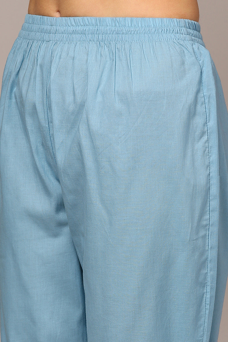 Blue Cotton Blend Ethnic Motif Printed Flared Suit Set VKSKD1961
