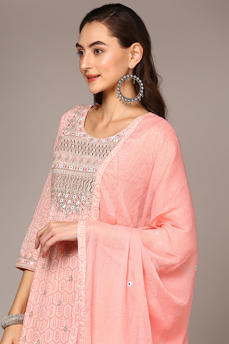 Pink Pure Cotton Embroidered Flared Suit Set VKSKD1962