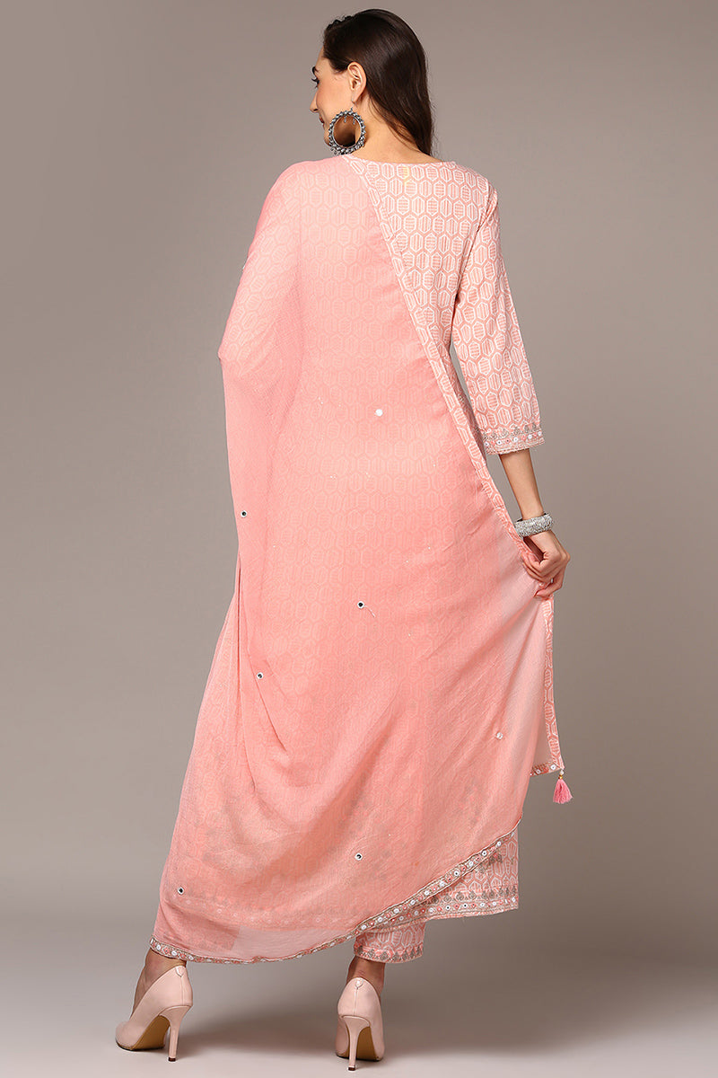 Pink Pure Cotton Embroidered Flared Suit Set VKSKD1962