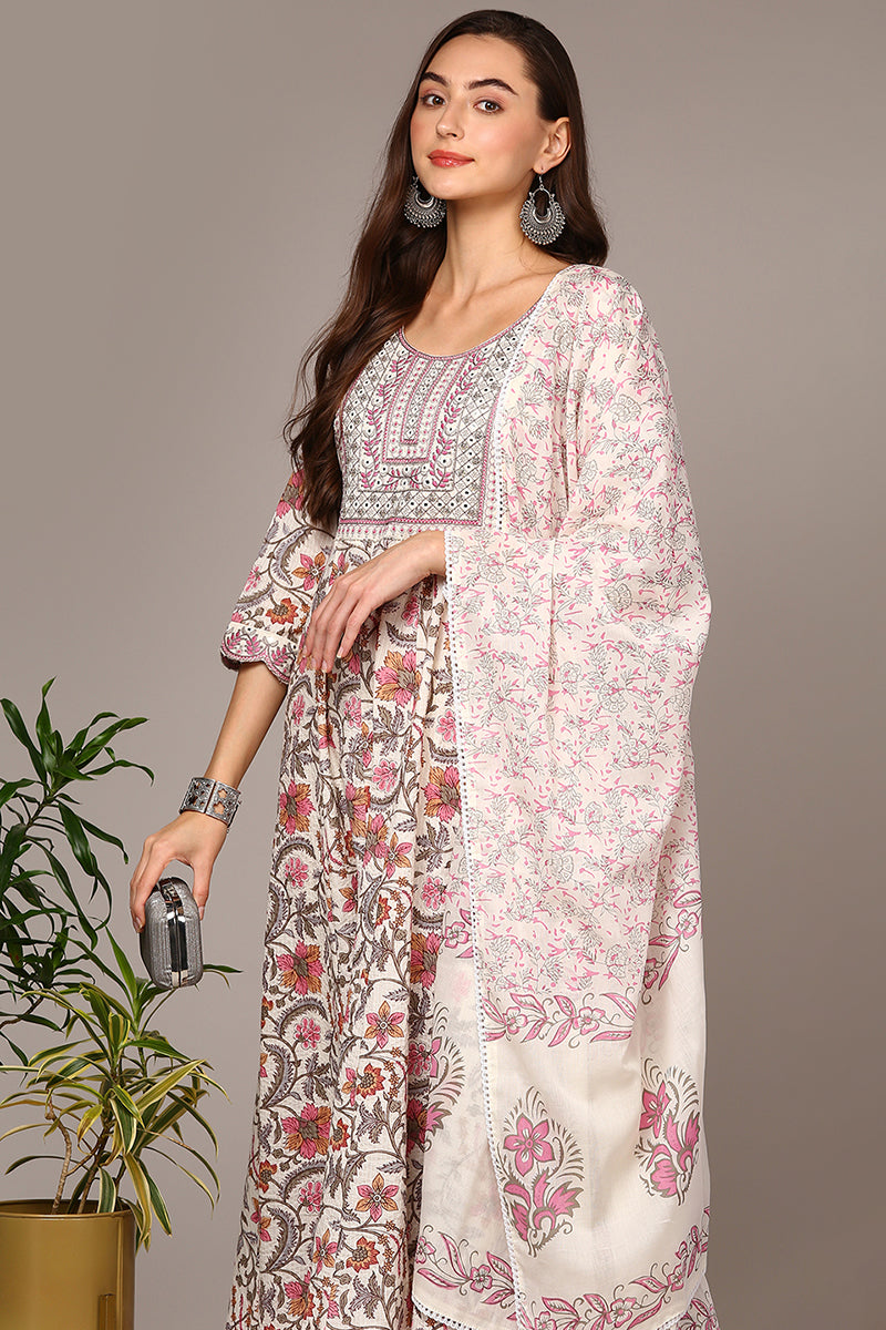 Pink Pure Cotton Floral Printed Flared Suit Set VKSKD1963