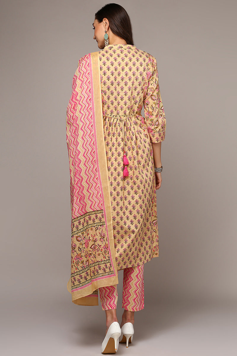 Cream Pure Cotton Printed Flared Suit Set VKSKD1966