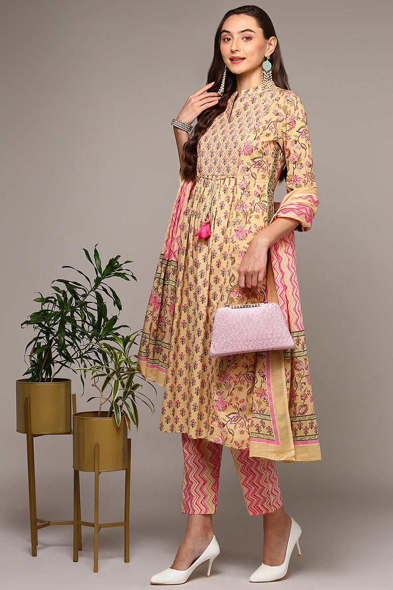 Cream Pure Cotton Printed Flared Suit Set VKSKD1966