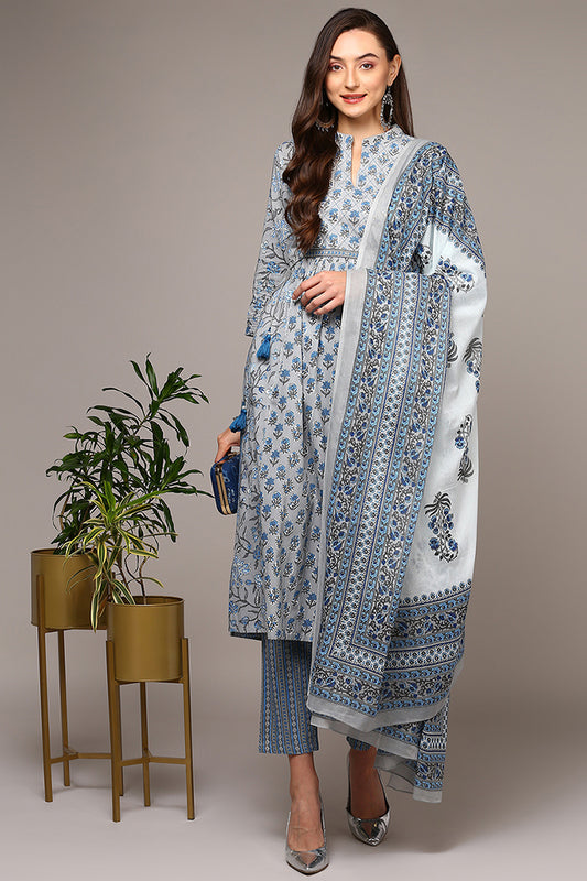 Grey Pure Cotton Printed Flared Suit Set VKSKD1967