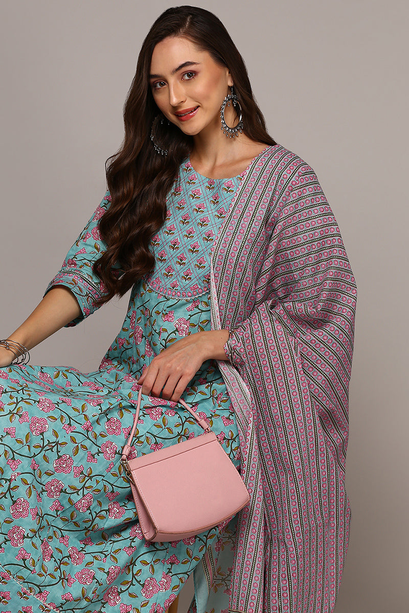 Blue Pure Cotton Printed Flared Suit Set VKSKD1968