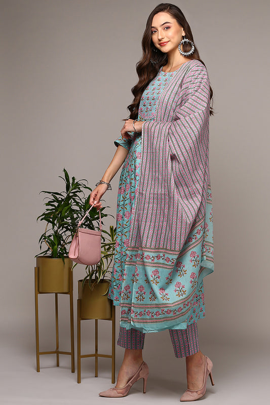 Blue Pure Cotton Printed Flared Suit Set VKSKD1968