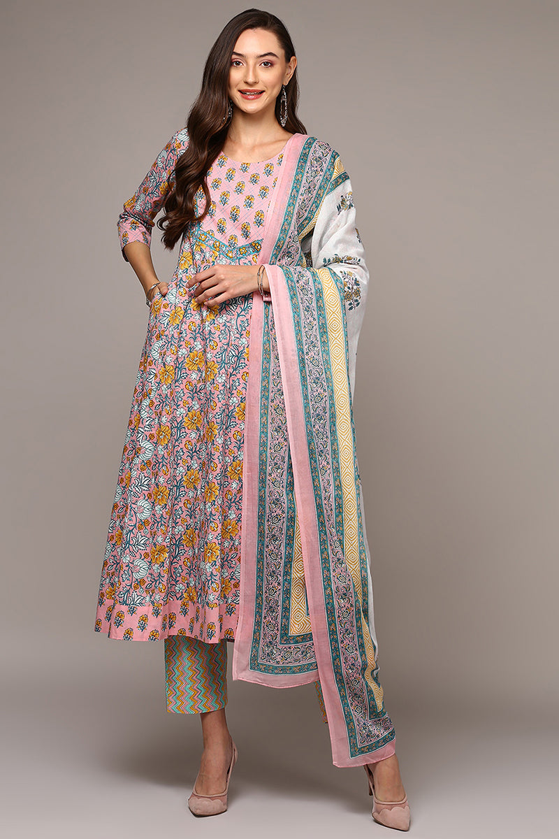 Peach Pure Cotton Printed Flared Suit Set VKSKD1969