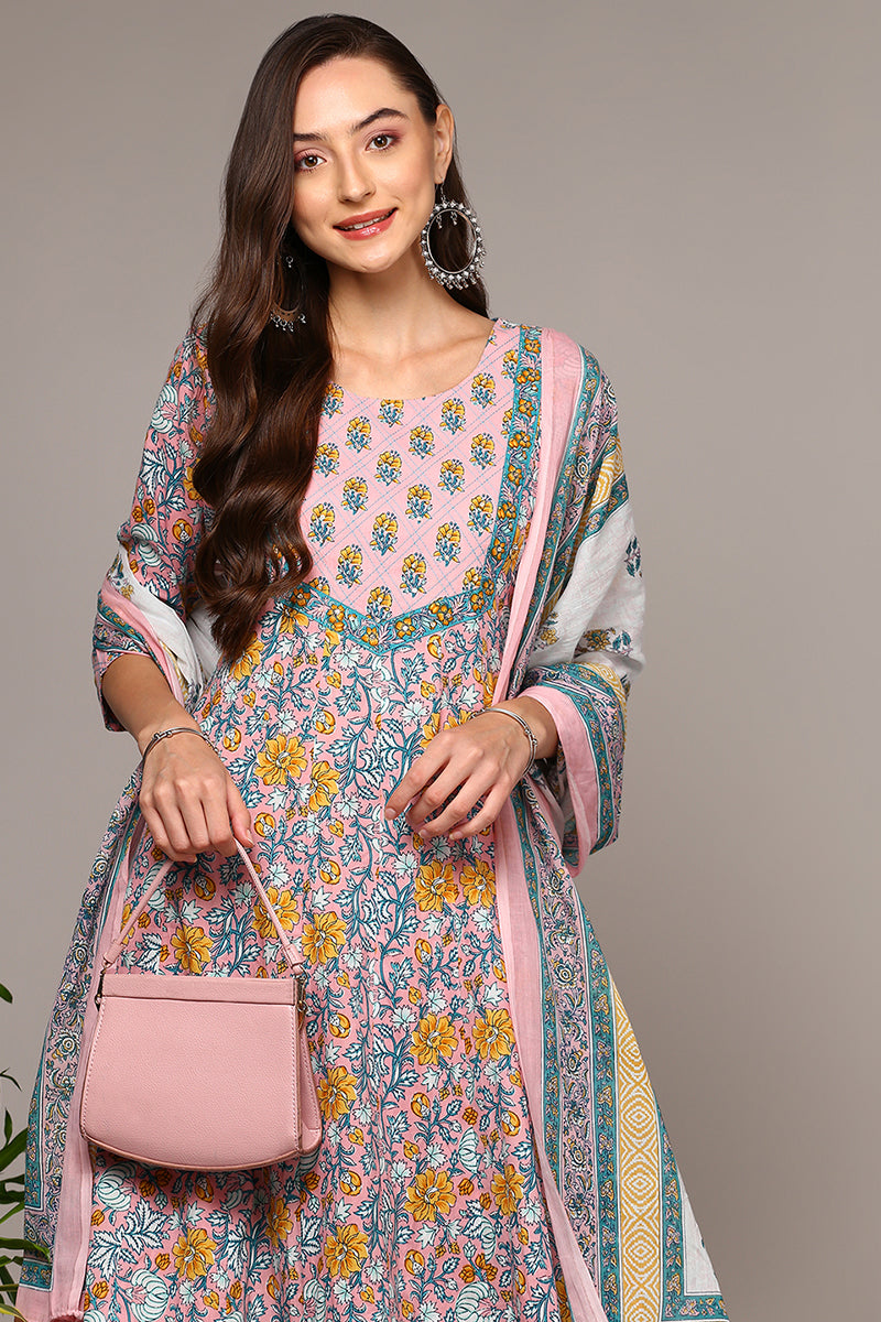 Peach Pure Cotton Printed Flared Suit Set VKSKD1969