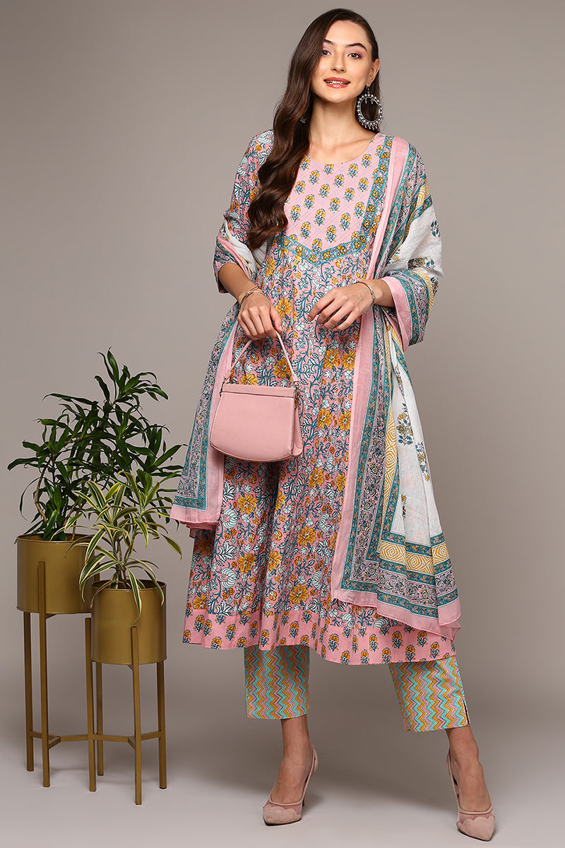 Peach Pure Cotton Printed Flared Suit Set VKSKD1969