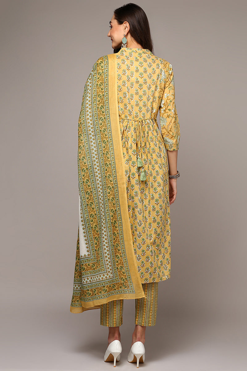 Yellow Pure Cotton Printed Flared Suit Set VKSKD1971