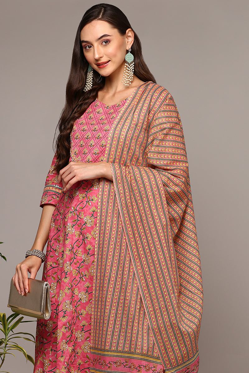 Pink Pure Cotton Printed Flared Suit Set VKSKD1973