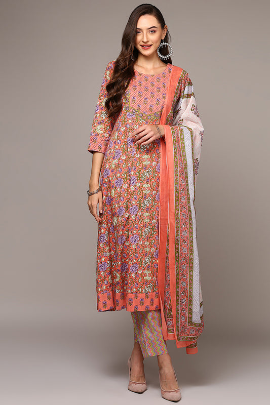 Peach Pure Cotton Printed Flared Suit Set VKSKD1974
