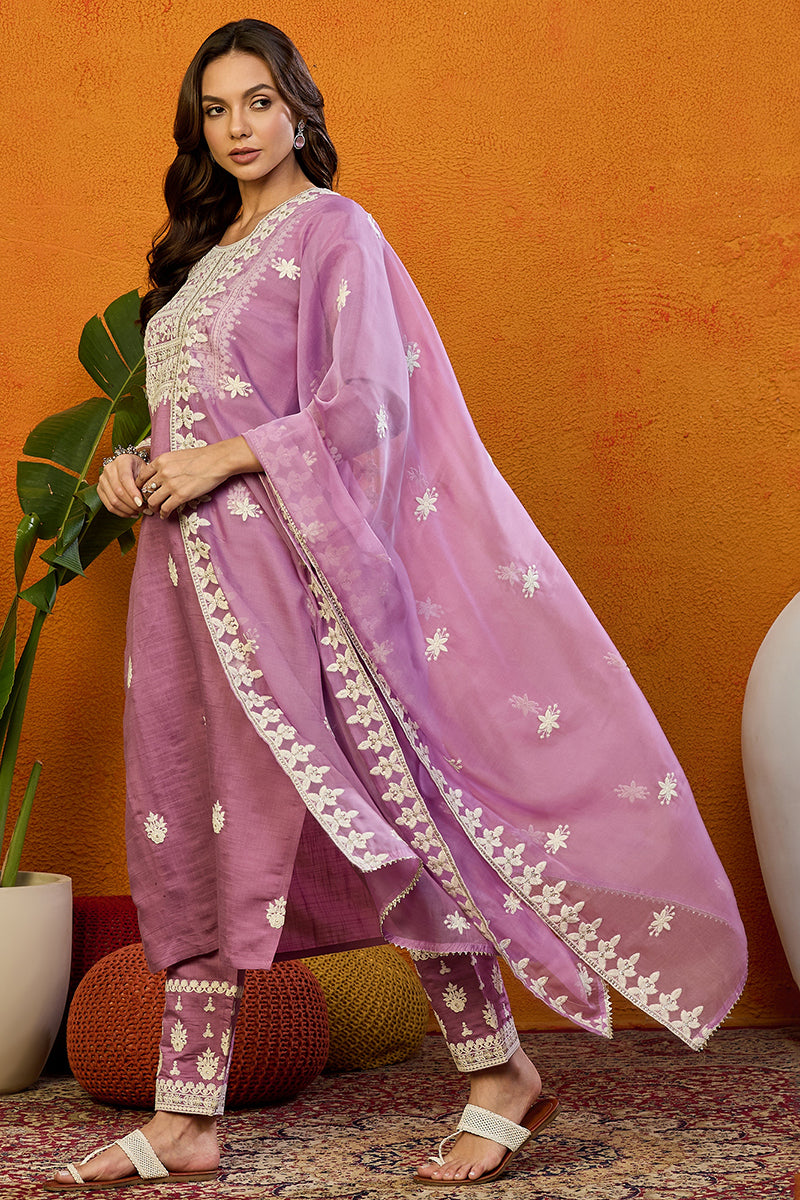 Pink Silk Blend Solid Embroidered Straight Suit Set VKSKD1983