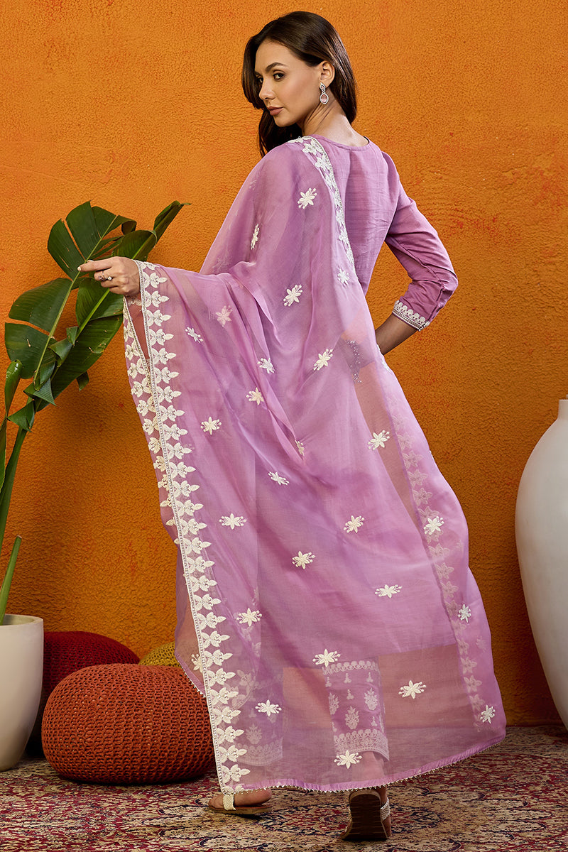 Pink Silk Blend Solid Embroidered Straight Suit Set VKSKD1983