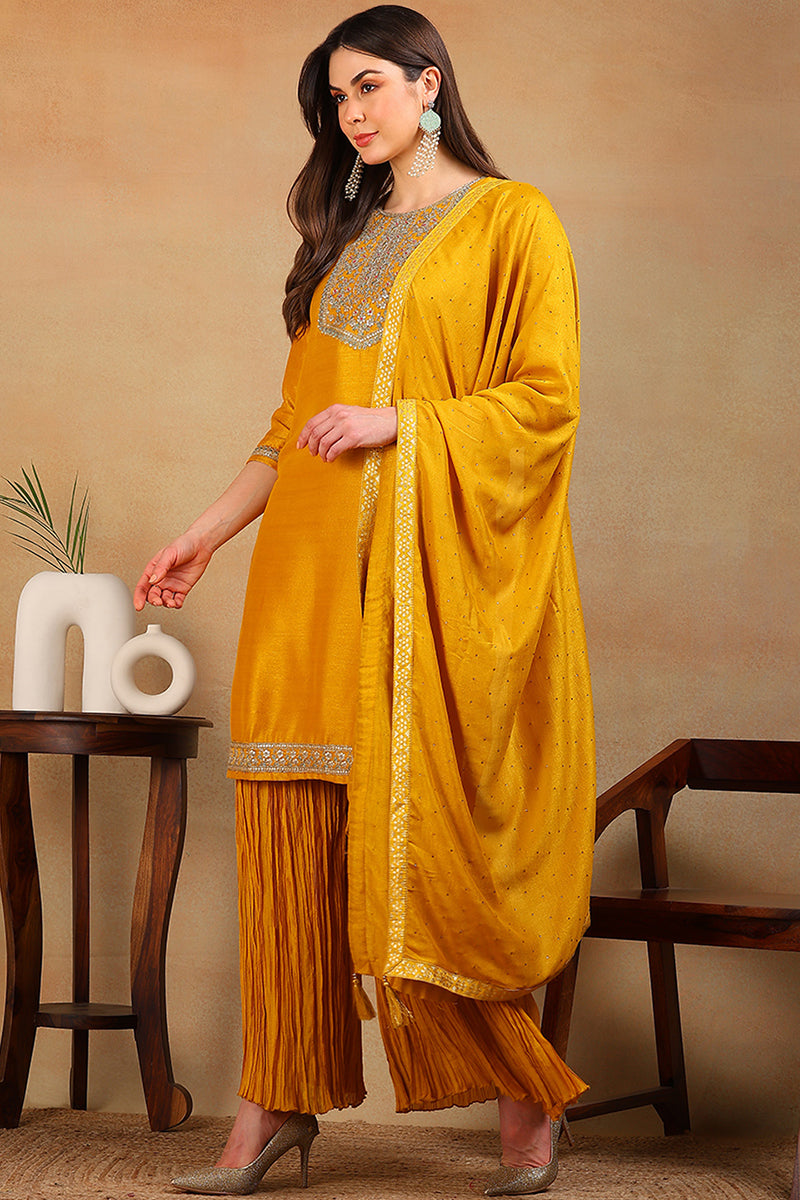Yellow Silk Blend Solid Embroidered Straight Suit Set VKSKD1984