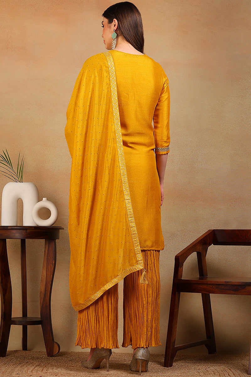 Yellow Silk Blend Solid Embroidered Straight Suit Set VKSKD1984