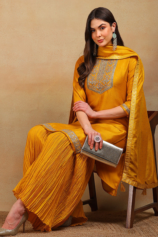 Yellow Silk Blend Solid Embroidered Straight Suit Set VKSKD1984