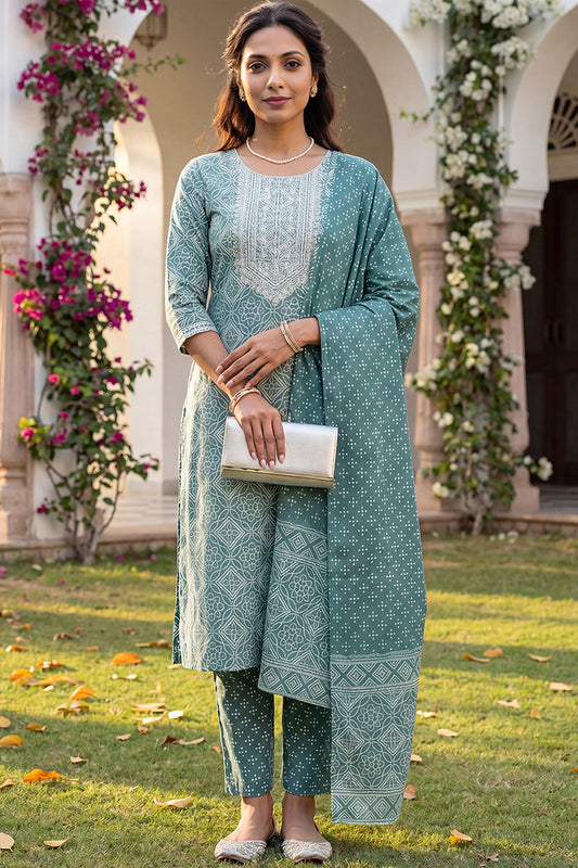 Green Pure Cotton Bandhani Printed Straight Suit Set VKSKD1985