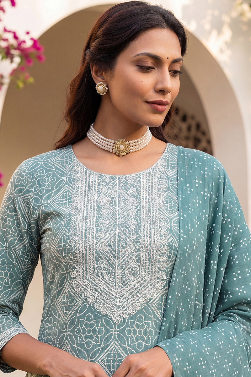 Green Pure Cotton Bandhani Printed Straight Suit Set VKSKD1985
