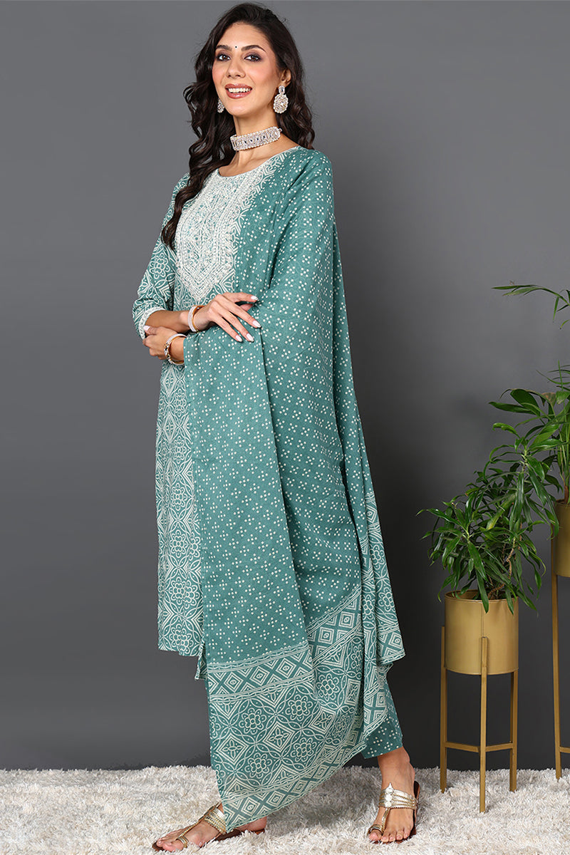 Green Pure Cotton Bandhani Printed Straight Suit Set VKSKD1985
