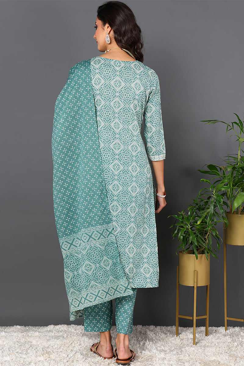 Green Pure Cotton Bandhani Printed Straight Suit Set VKSKD1985