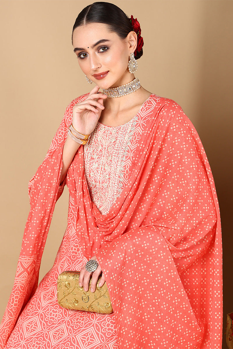 Plus Size Peach Cotton Bandhani Printed Straight Suit Set VKSKD1986