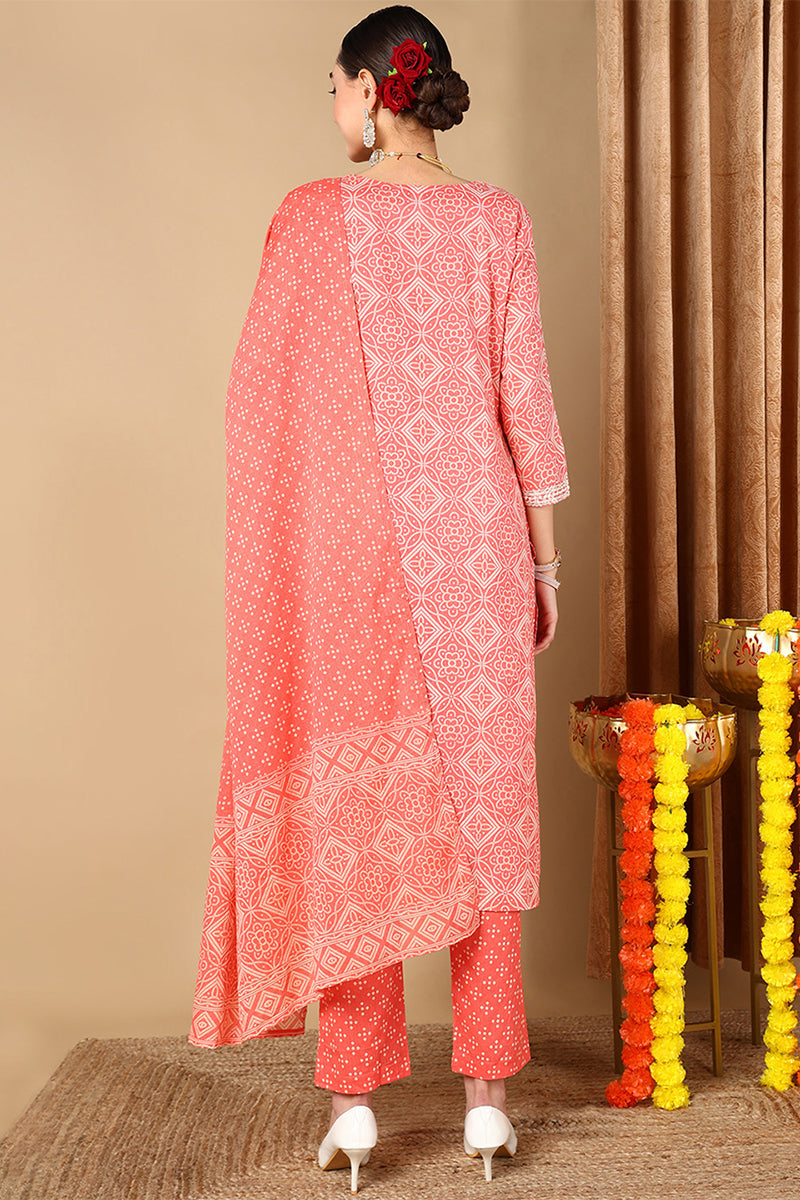 Peach Cotton Bandhani Printed Straight Suit Set VKSKD1986