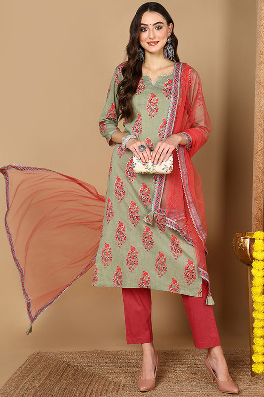 Green Pure Cotton Ethnic Motifs Printed Straight Suit Set VKSKD1988