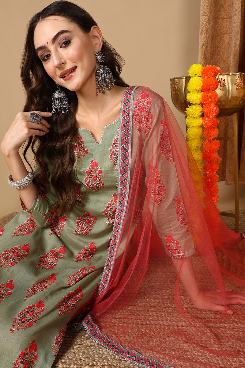 Green Pure Cotton Ethnic Motifs Printed Straight Suit Set VKSKD1988