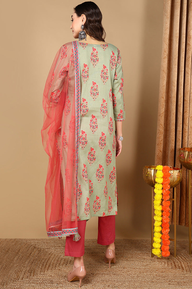 Green Pure Cotton Ethnic Motifs Printed Straight Suit Set VKSKD1988