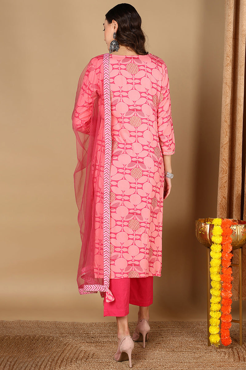 Pink Viscose Rayon Geometric Printed Straight Suit Set VKSKD1990