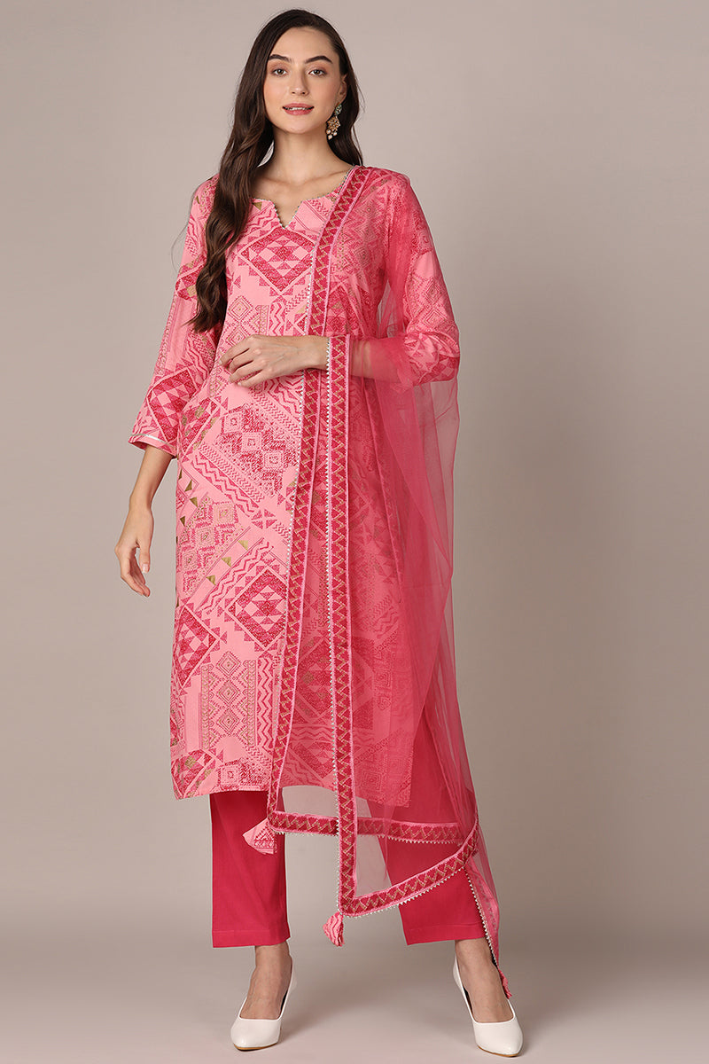 Pink Viscose Rayon Geometric Printed Straight Style Suit Set VKSKD1991