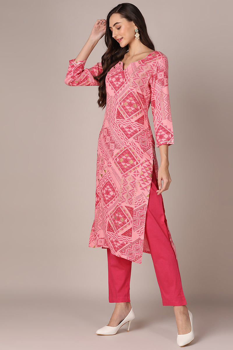 Pink Viscose Rayon Geometric Printed Straight Style Suit Set VKSKD1991