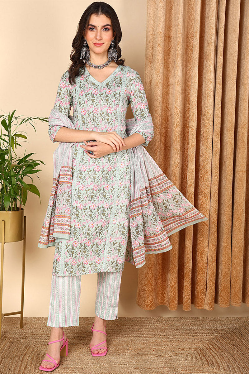 Plus Size Sea Green Pure Cotton Floral Printed Straight Suit Set VKSKD2005