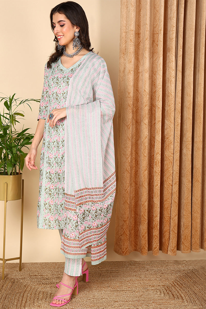 Plus Size Sea Green Pure Cotton Floral Printed Straight Suit Set VKSKD2005