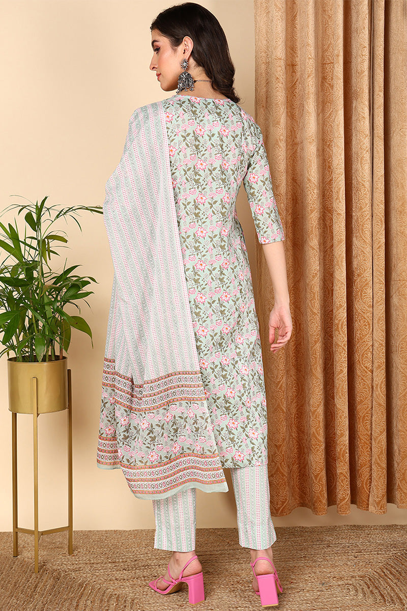 Sea Green Pure Cotton Floral Printed Straight Suit Set VKSKD2005