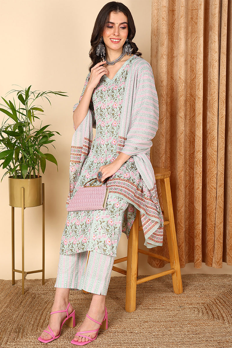 Plus Size Sea Green Pure Cotton Floral Printed Straight Suit Set VKSKD2005