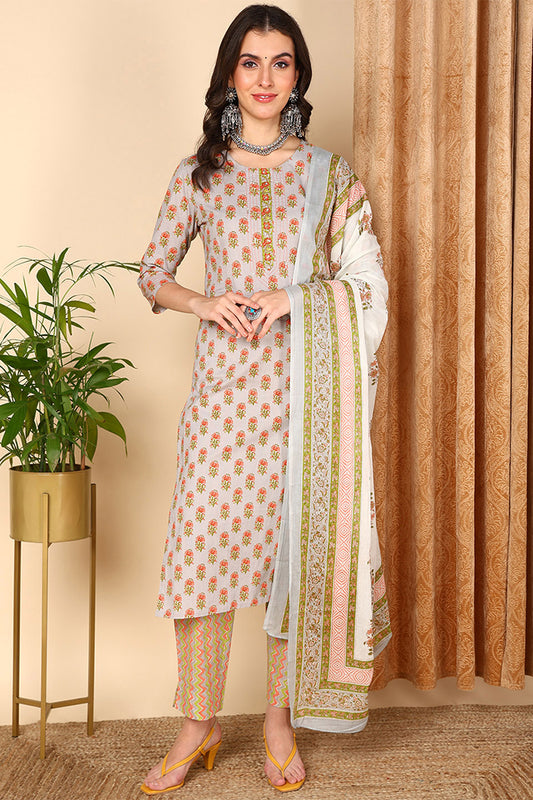 Grey Pure Cotton Ethnic Motifs Printed Straight Suit Set VKSKD2006