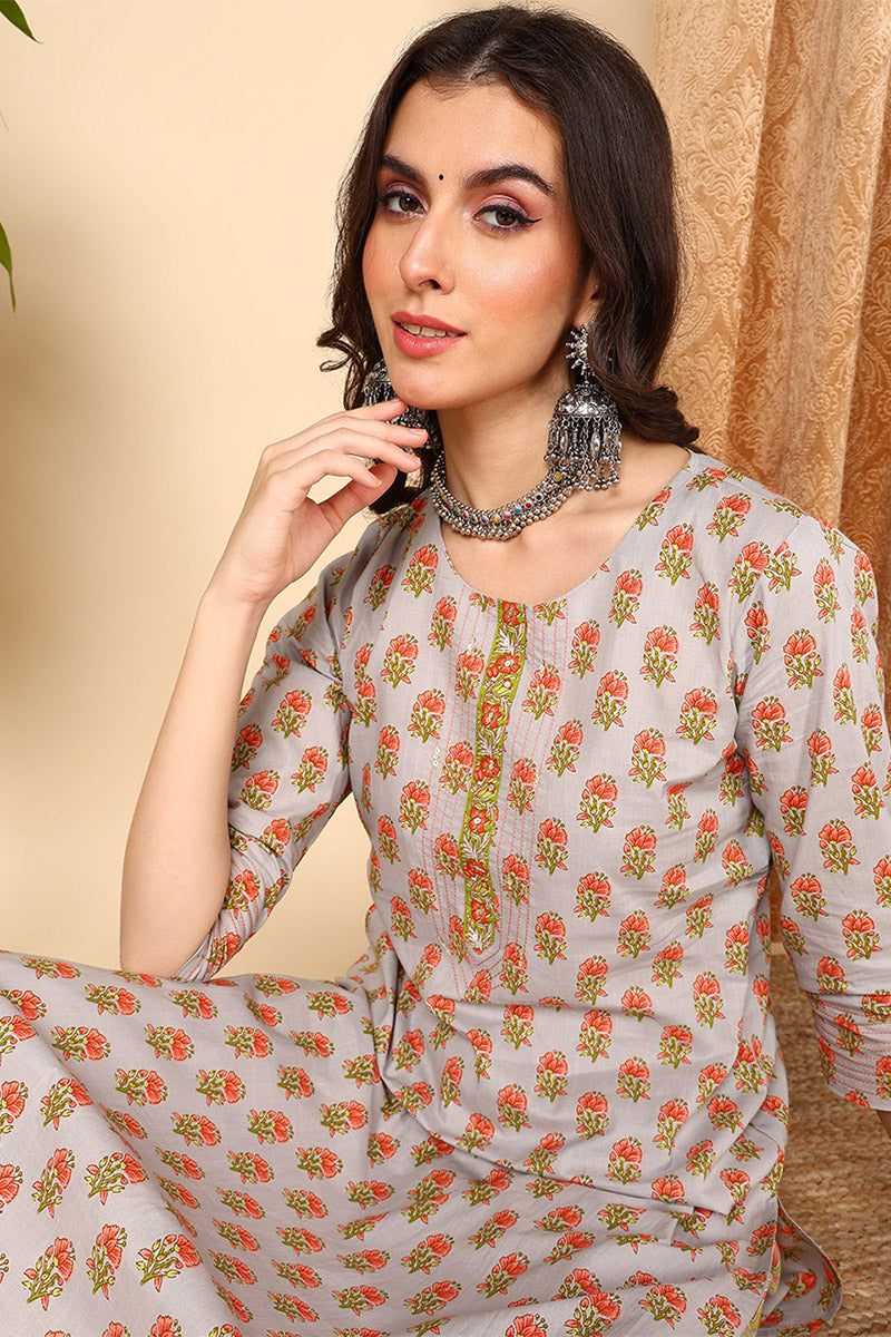 Grey Pure Cotton Ethnic Motifs Printed Straight Suit Set VKSKD2006