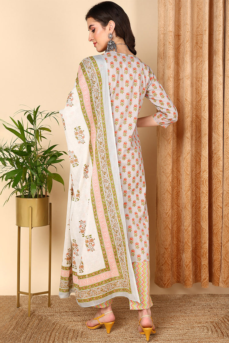 Grey Pure Cotton Ethnic Motifs Printed Straight Suit Set VKSKD2006