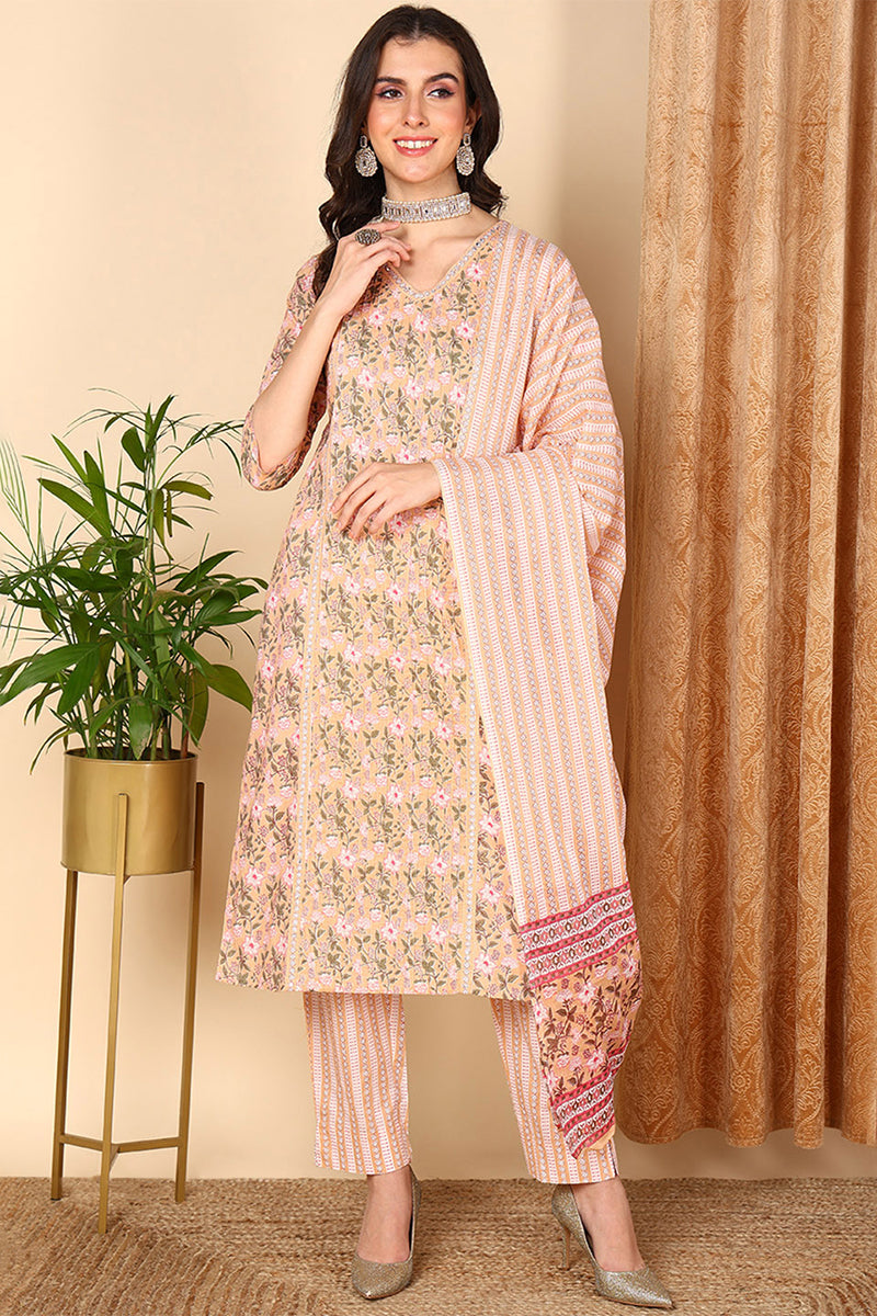 Plus Size Peach Pure Cotton Floral Printed Straight Suit Set VKSKD2007